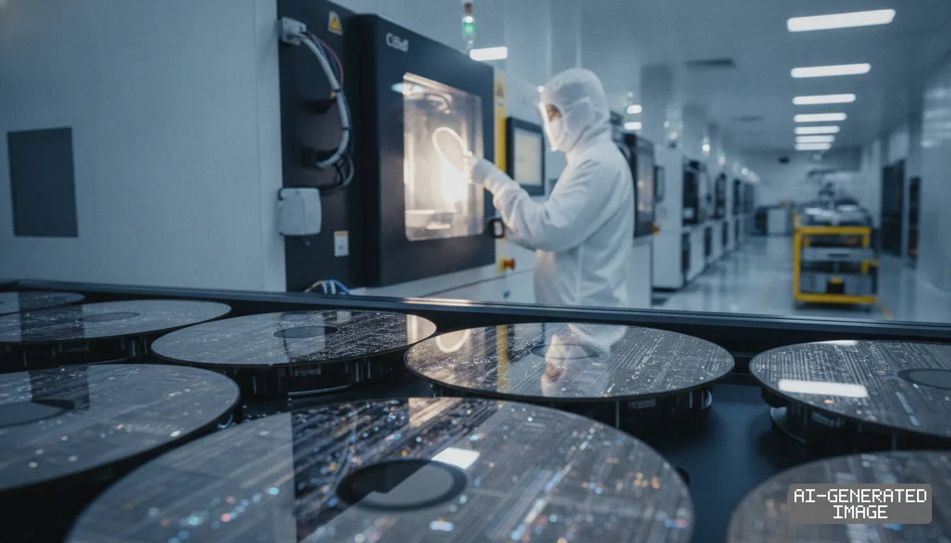 Silicon wafers sit on a processing line as a technician in protective cleanroom gear inspects components inside a semiconductor manufacturing plant. (AI-generated image)