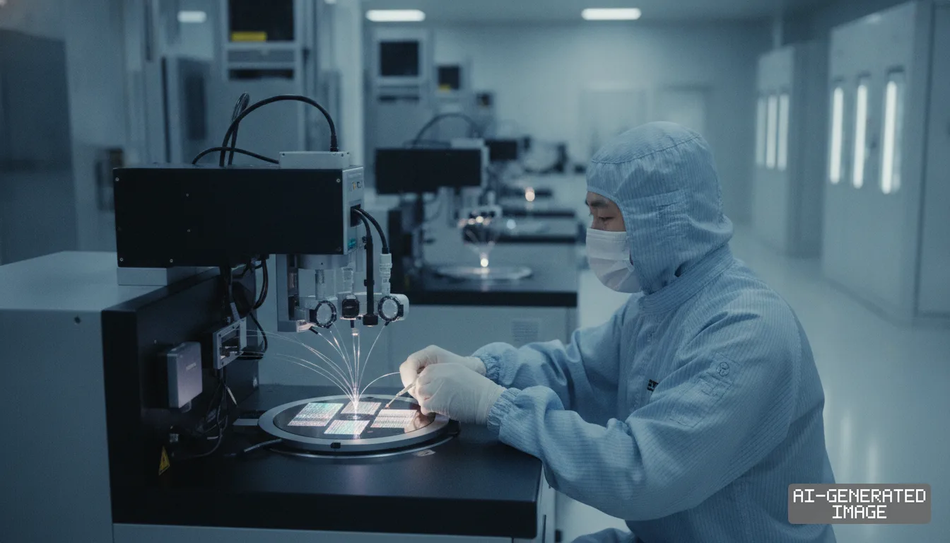 A technician wearing cleanroom attire inspects a semiconductor wafer using an optical probe station. (AI-generated image)