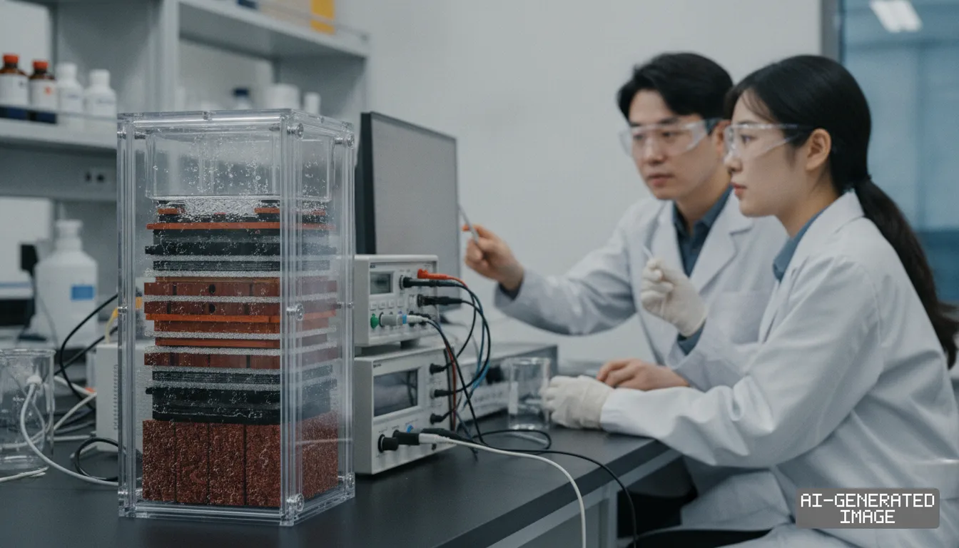 Two researchers in lab coats examine testing equipment connected to an electrochemical cell in a laboratory. (AI-generated image)