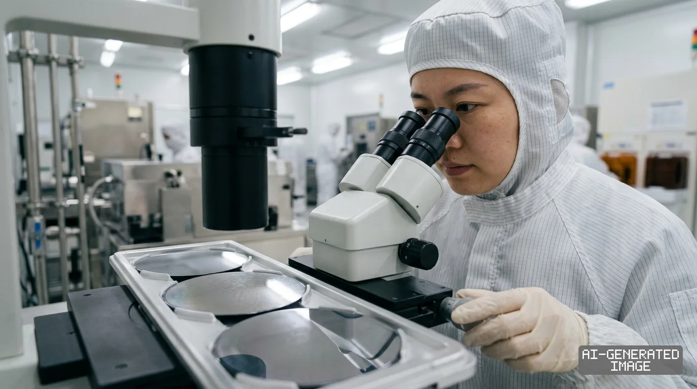 A technician in cleanroom attire inspects semiconductor wafers under a microscope inside a manufacturing facility. (AI-generated image)