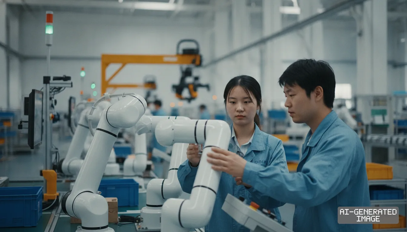 Technicians inspect lightweight collaborative robotic arms along a production line inside an industrial automation facility. (AI-generated image)