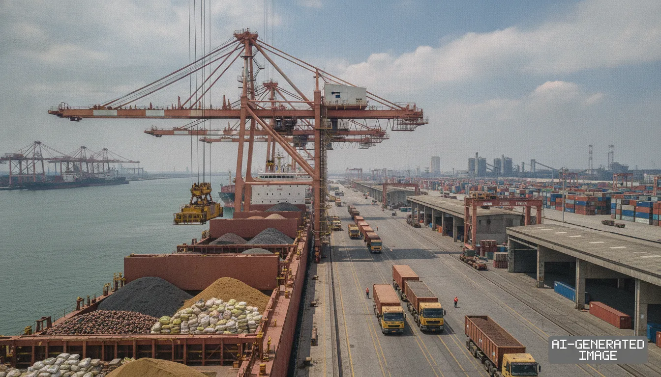 Port cranes unload bulk resources from a docked cargo ship into waiting trucks at an active shipping terminal in China. (AI-generated image)