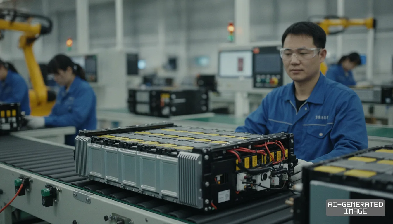Factory workers assemble electric vehicle battery packs along a conveyor line in a manufacturing facility. (AI-generated image)