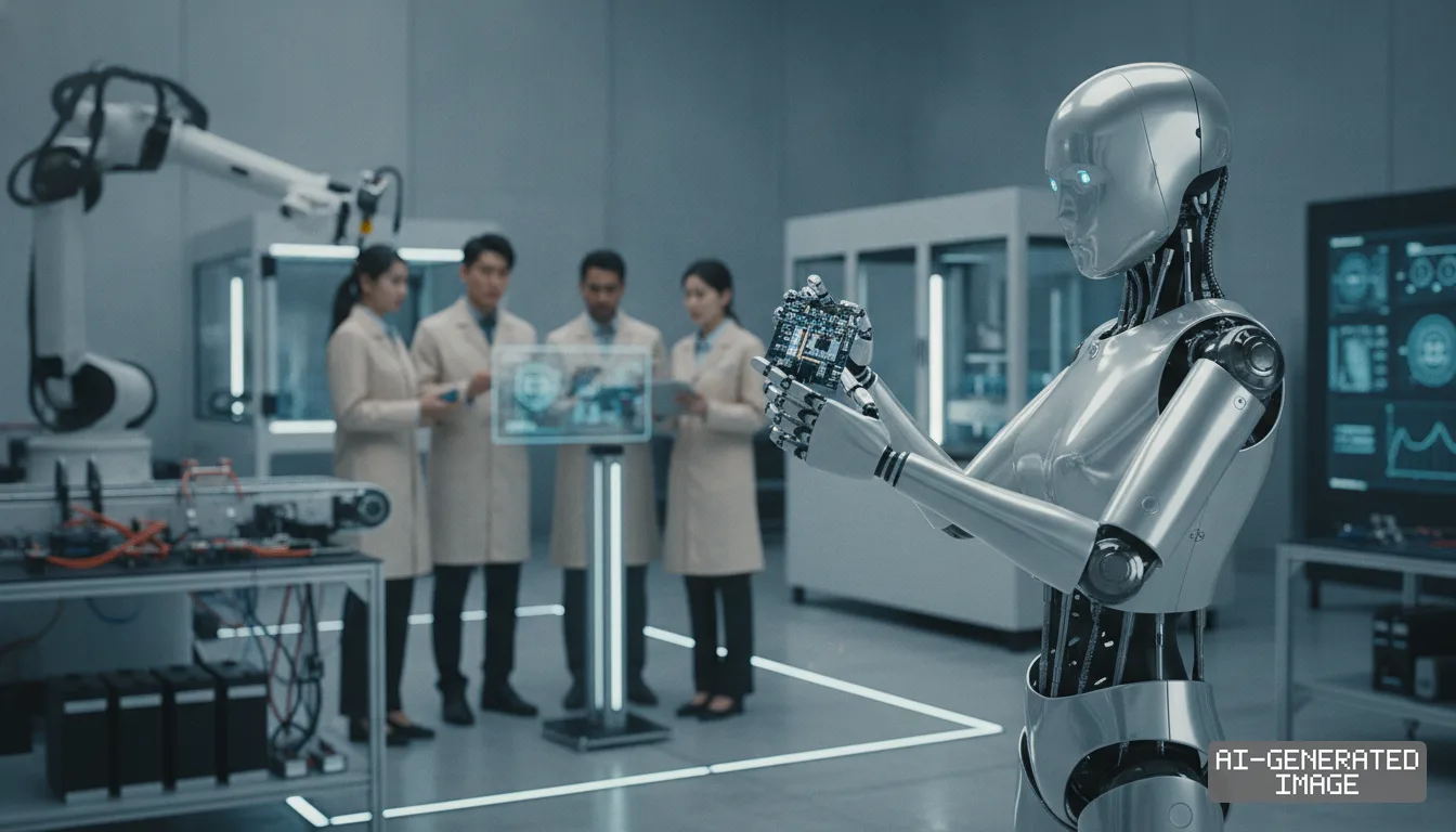 A metallic humanoid robot examines a circuit board in a testing laboratory while researchers review data on a display behind it. (AI-generated image)
