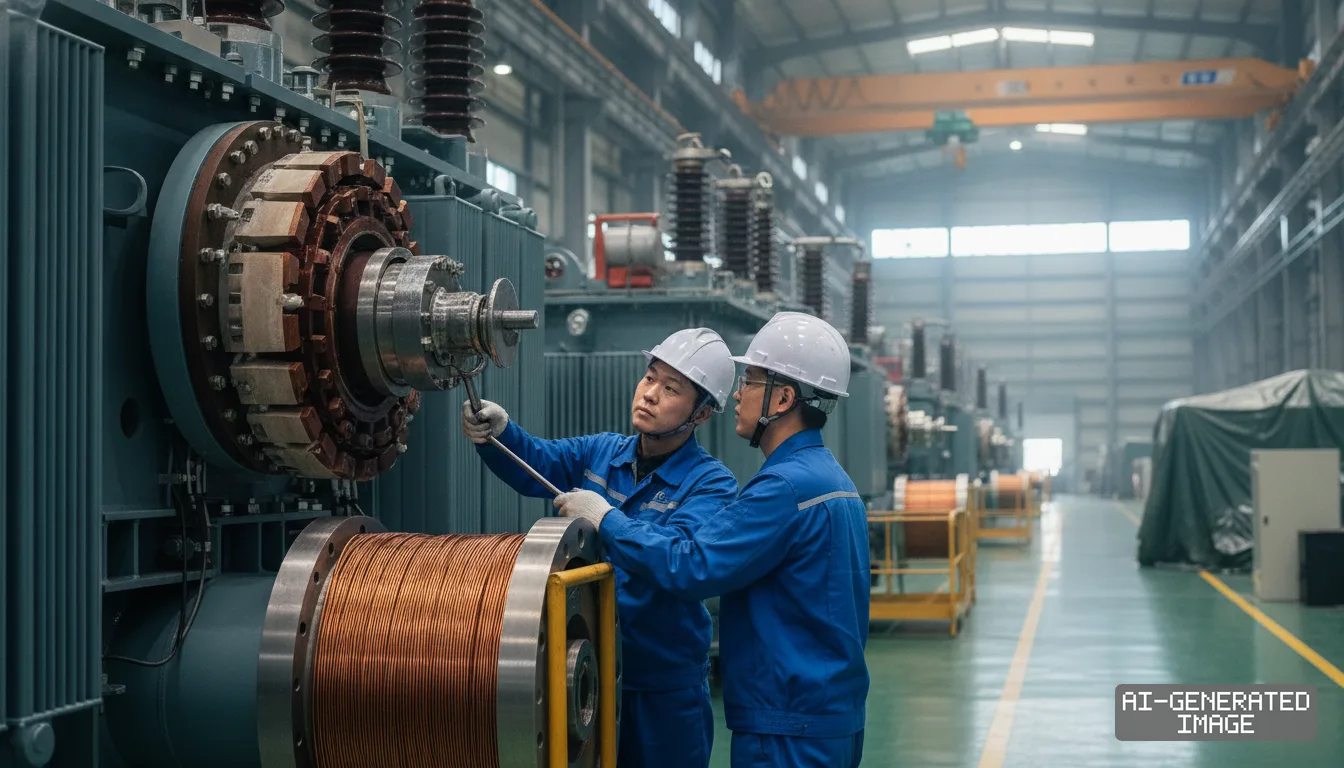 Technicians inspect electrical components of a large power transformer inside a manufacturing facility. (AI-generated image)