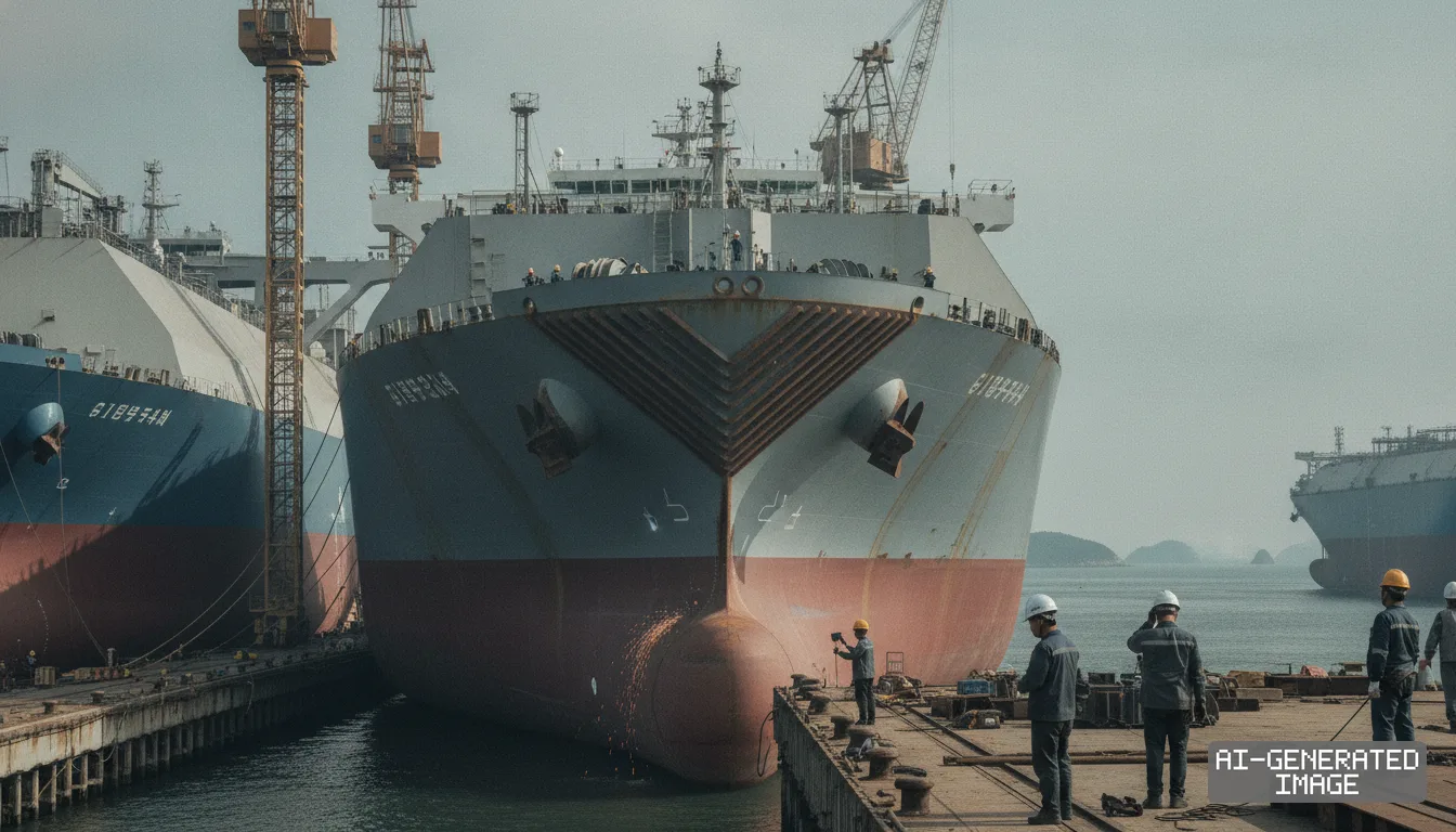 Workers stand on a dock beside large liquefied natural gas carriers at a Hanwha Ocean shipyard. (AI-generated image)
