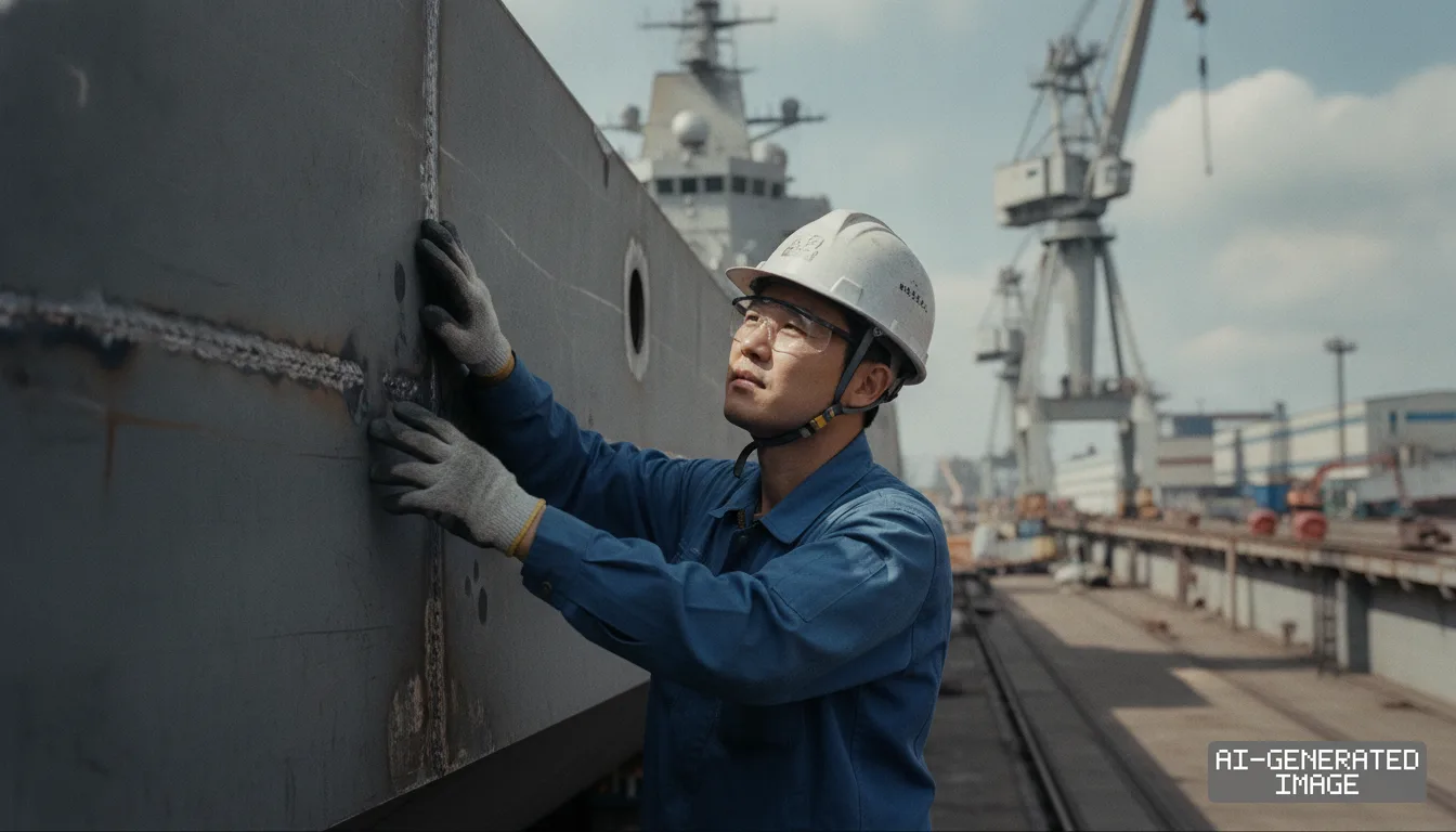 A worker in safety gear inspects a welded steel structure at a shipyard, with a naval vessel and cranes visible in the background. (AI-generated image)