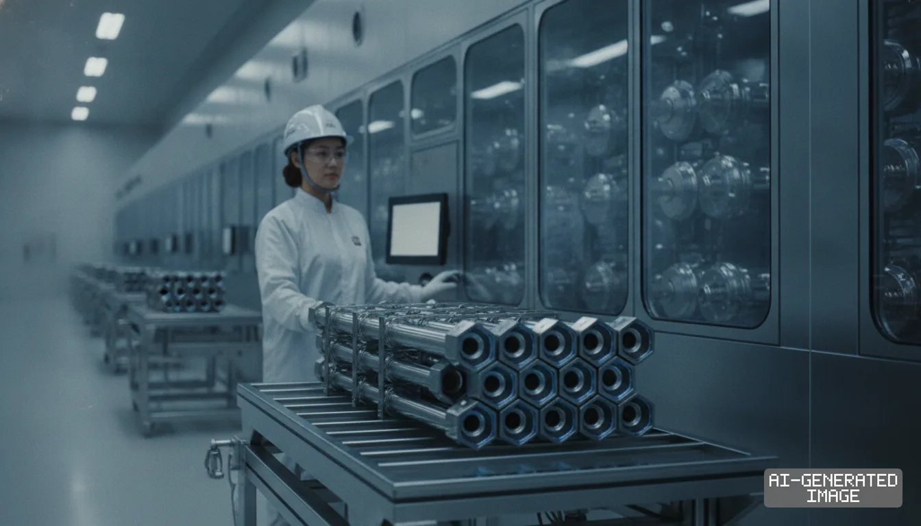 A worker in protective gear stands by a control panel near stacked metal assemblies inside an advanced nuclear facility. (AI-generated image)