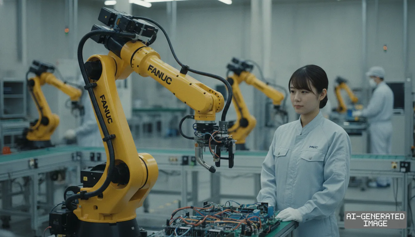 A factory worker stands beside a yellow FANUC industrial robotic arm operating on circuit boards along an assembly line. (AI-generated image)