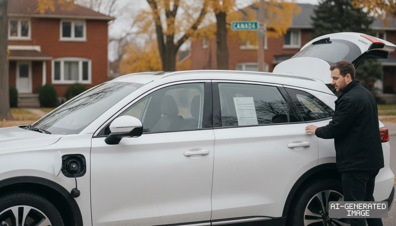 A man stands beside a white plug-in hybrid SUV displaying vehicle documentation in its window along a street in Canada. (AI-generated image)