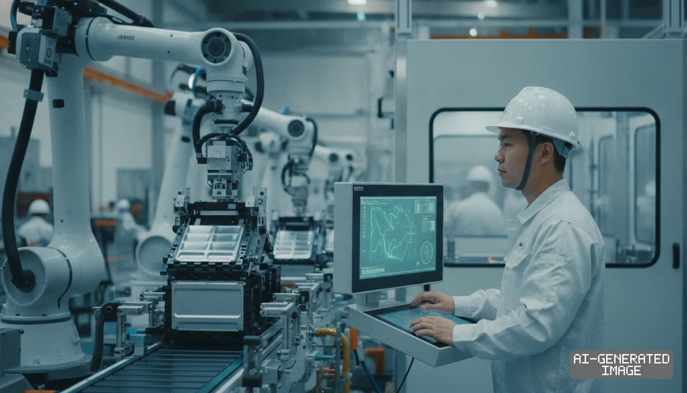 A worker operates a control terminal beside automated robotic arms assembling battery modules inside a factory. (AI-generated image)