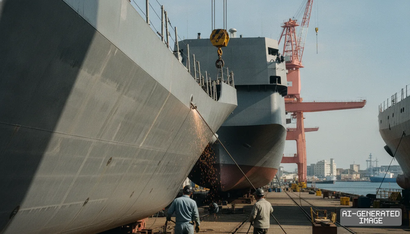 Shipyard workers stand near large vessel hulls as sparks shower down during construction work at an industrial dock. (AI-generated image)