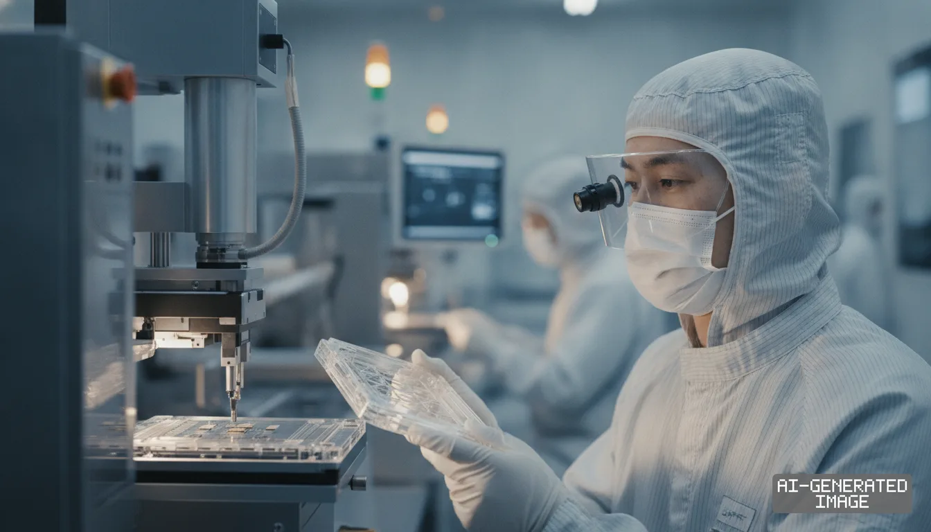 A technician wearing protective cleanroom gear inspects a component beside automated semiconductor packaging equipment. (AI-generated image)