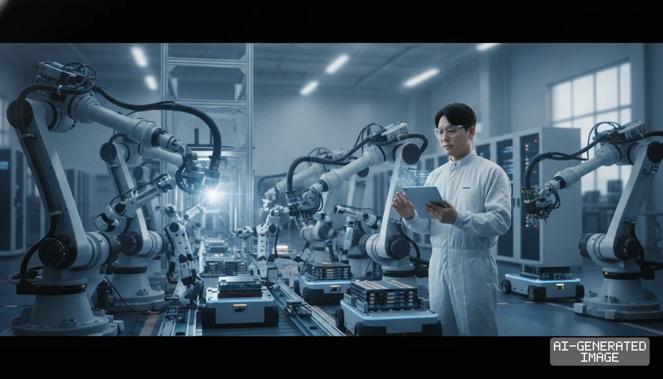 A technician uses a tablet to monitor robotic arms and autonomous transport units operating along a high-tech factory assembly line. (AI-generated image)