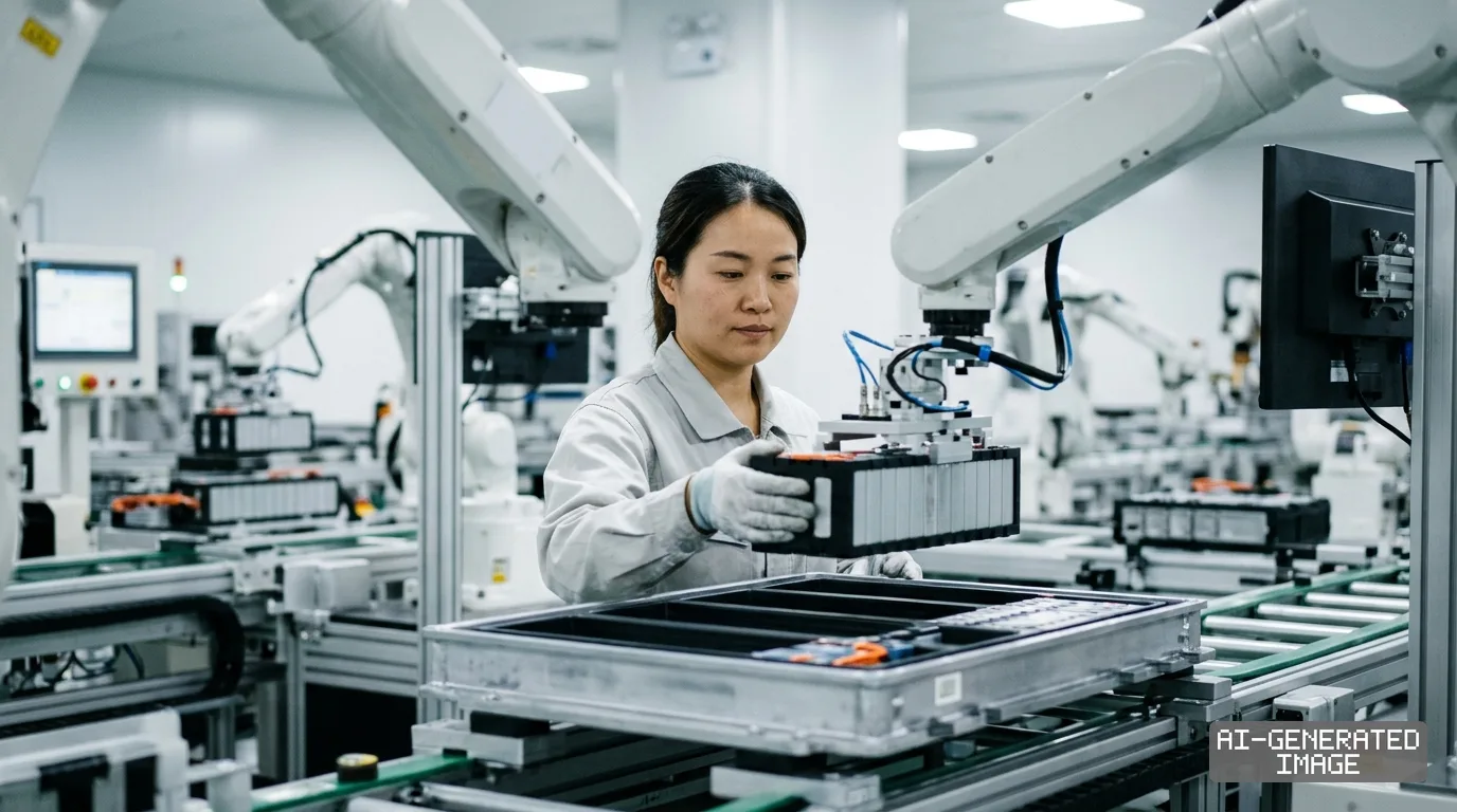 A worker handles an electric vehicle battery module alongside robotic arms on an automated production line. (AI-generated image)