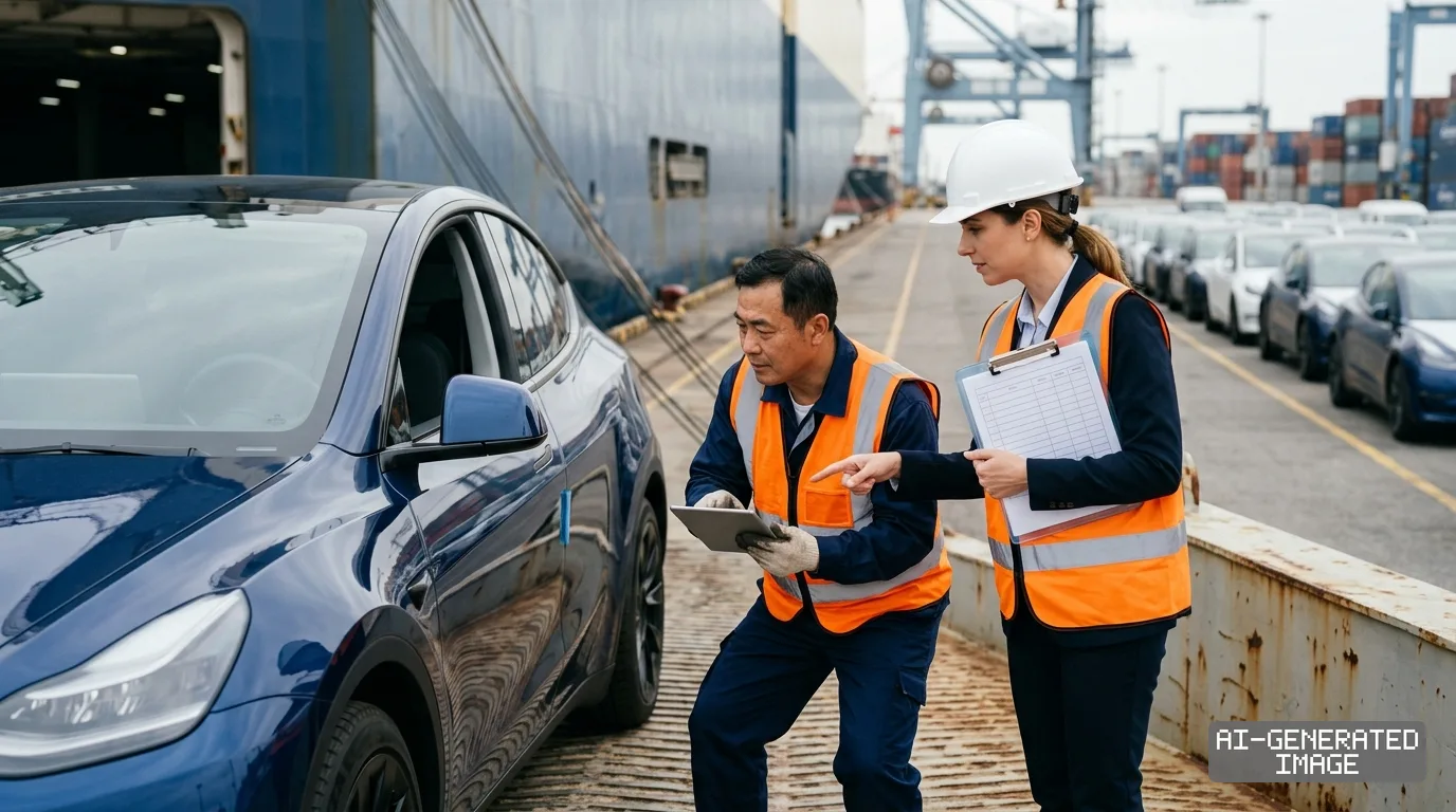 Port workers inspect an electric vehicle on a cargo ship ramp beside rows of newly arrived cars at a dock. (AI-generated image)