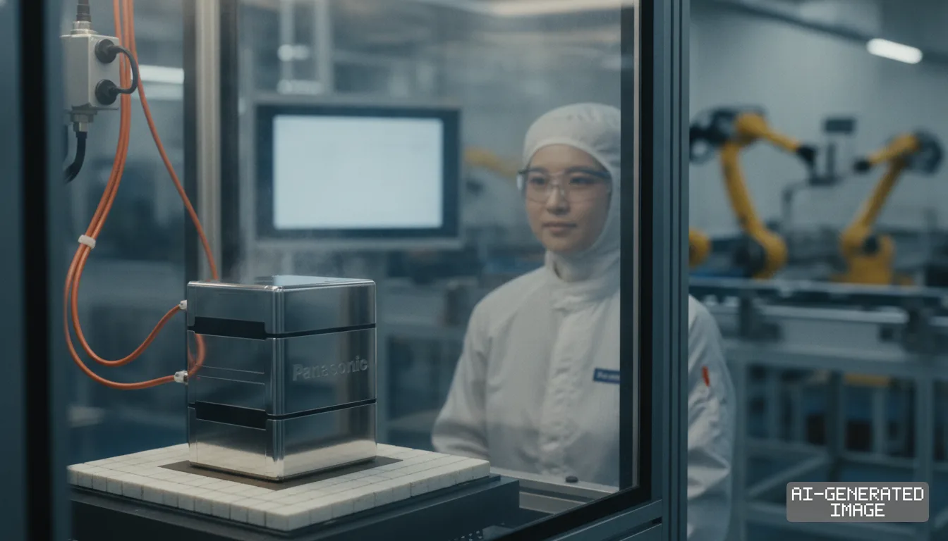 A technician in cleanroom attire monitors a Panasonic prismatic battery unit inside a testing enclosure. (AI-generated image)