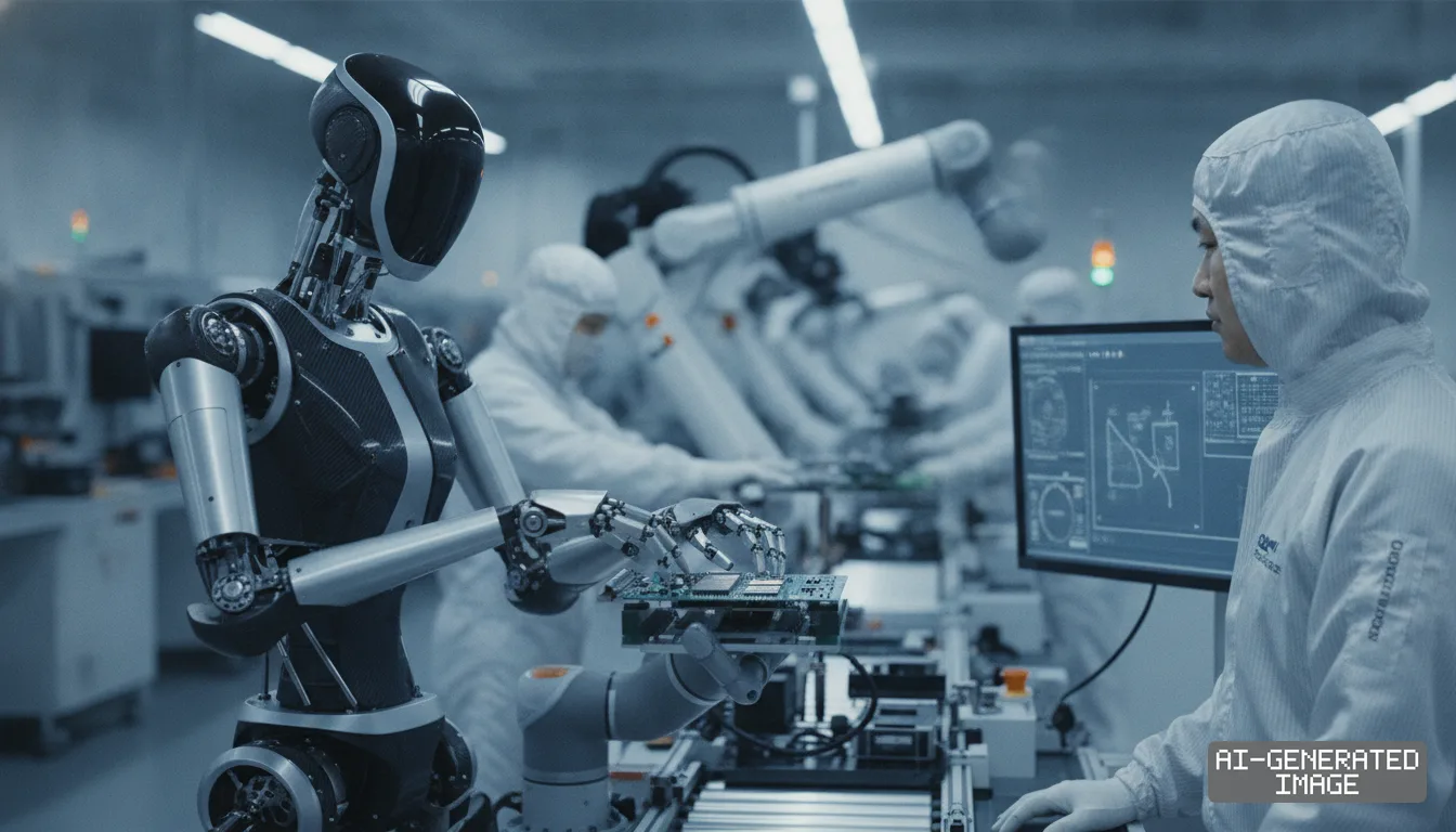 A humanoid robot handles a circuit board on an assembly line alongside a technician in a cleanroom suit. (AI-generated image)