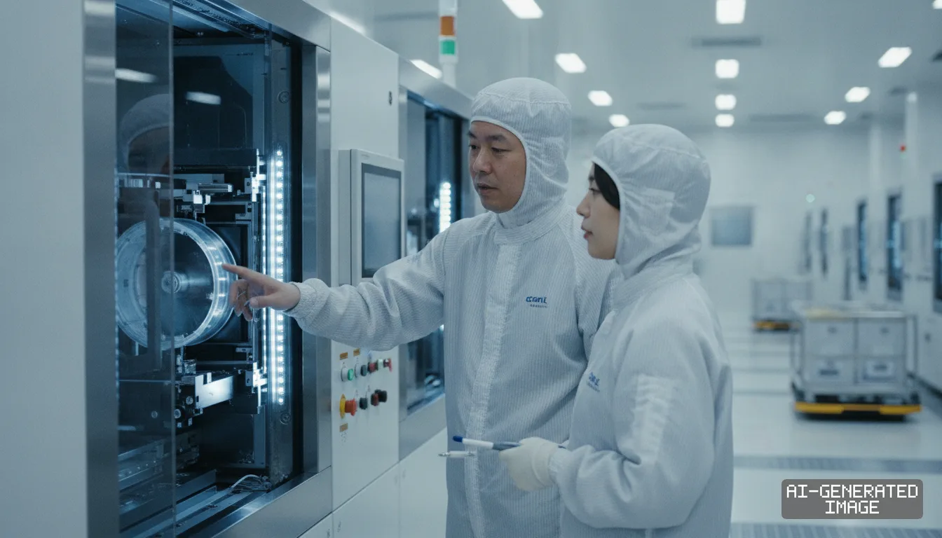 Workers wearing protective cleanroom gear inspect semiconductor wafer processing equipment inside a manufacturing facility. (AI-generated image)