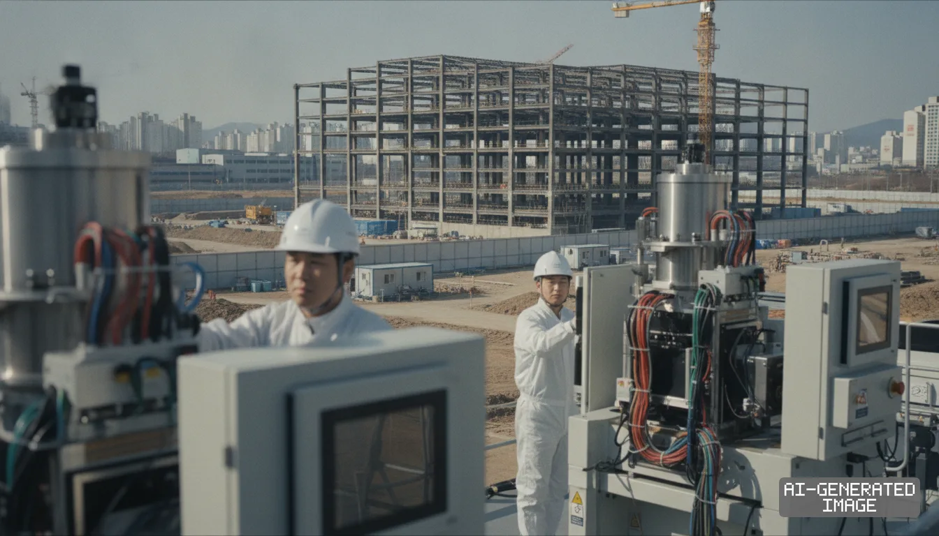 Workers in protective gear stand near equipment overlooking a facility under construction in Pyeongtaek, South Korea. (AI-generated image)