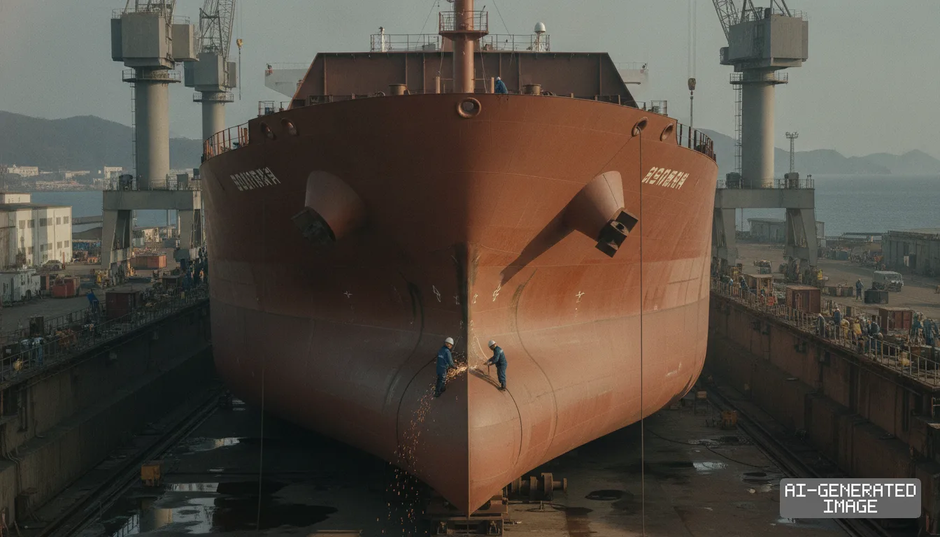 Shipyard workers work on the bow of a massive vessel resting in a dry dock framed by towering industrial cranes. (AI-generated image)