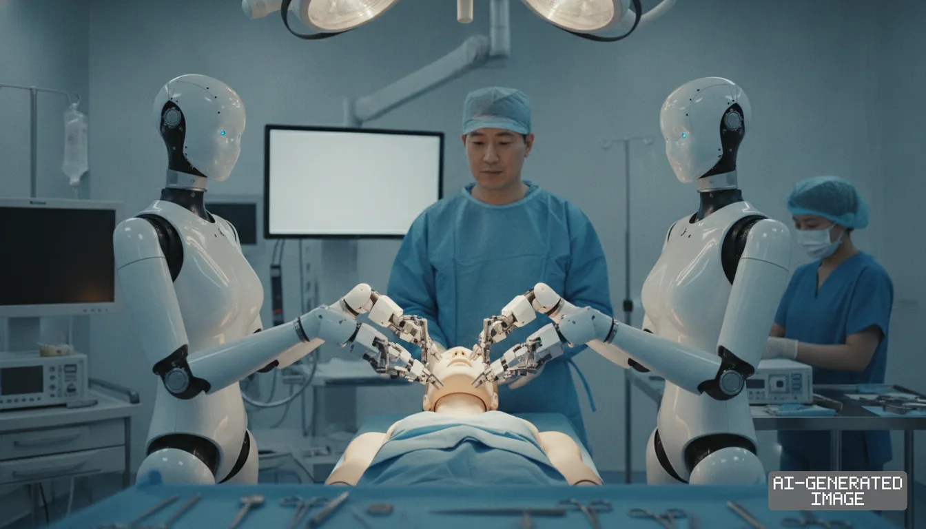 Two humanoid robots position their hands over a medical mannequin alongside a surgeon in a simulated operating room. (AI-generated image)