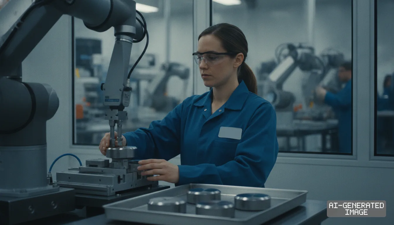 A technician works alongside a robotic arm to handle cylindrical metal components inside an advanced manufacturing facility. (AI-generated image)