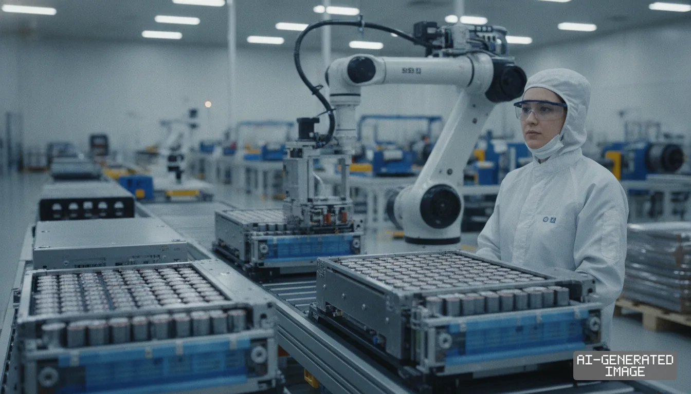 A technician monitors an automated robotic arm assembling battery cell modules along a conveyor line in a cleanroom facility. (AI-generated image)