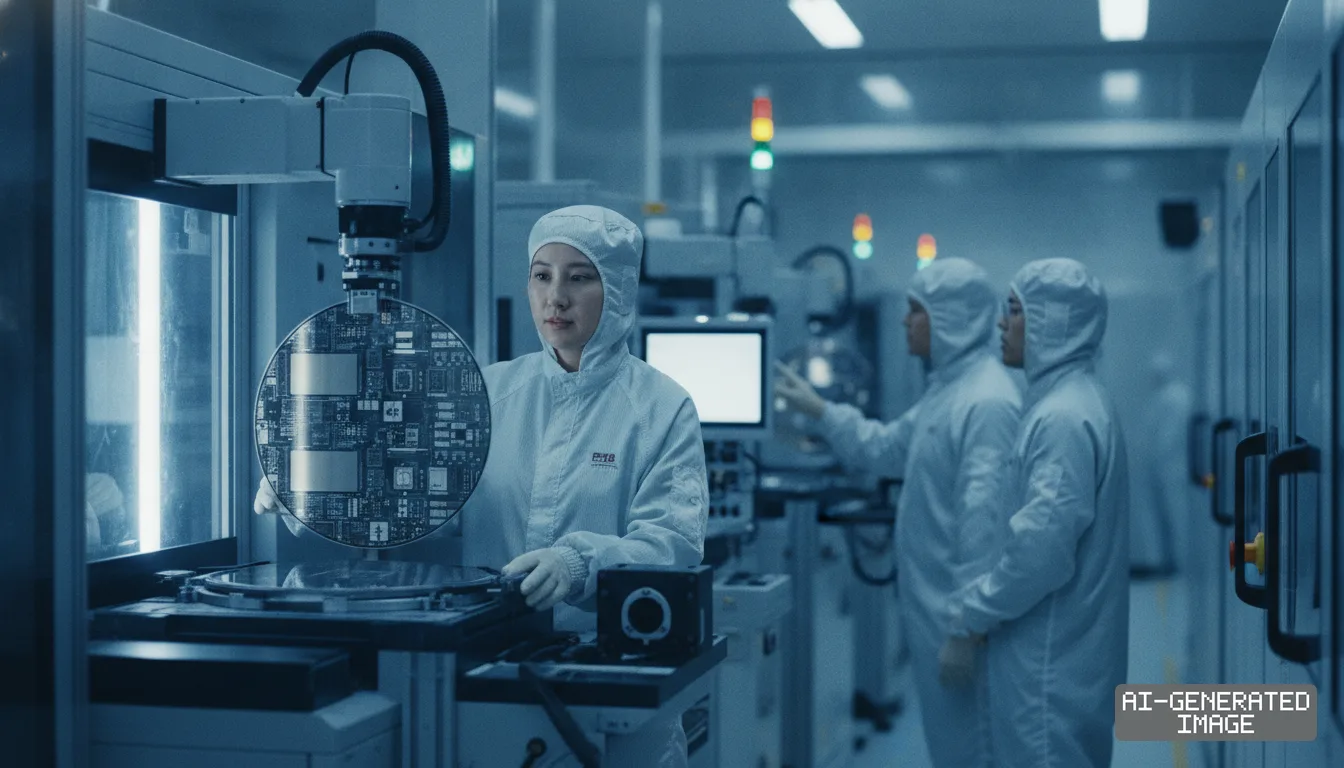 Workers in protective suits monitor automated machinery handling a silicon wafer inside a semiconductor fabrication cleanroom. (AI-generated image)