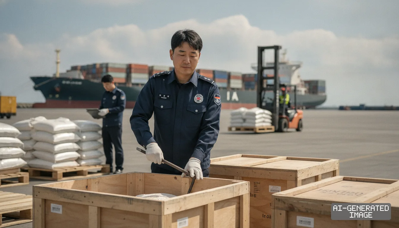 Customs officers inspect wooden crates and sacks of imported cargo at a shipping port in South Korea. (AI-generated image)