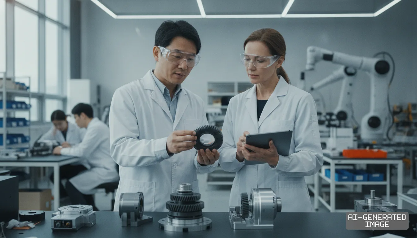Engineers examine a gear component beside robotic joint assemblies while reviewing data on a tablet in a laboratory. (AI-generated image)