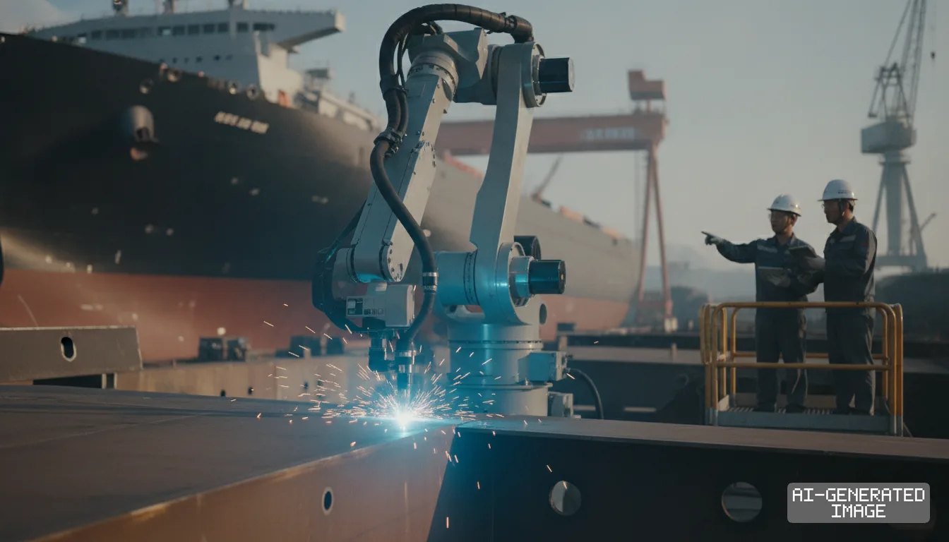 A robotic arm welds steel at a shipyard while two workers in hard hats stand on a platform near a large ship. (AI-generated image)