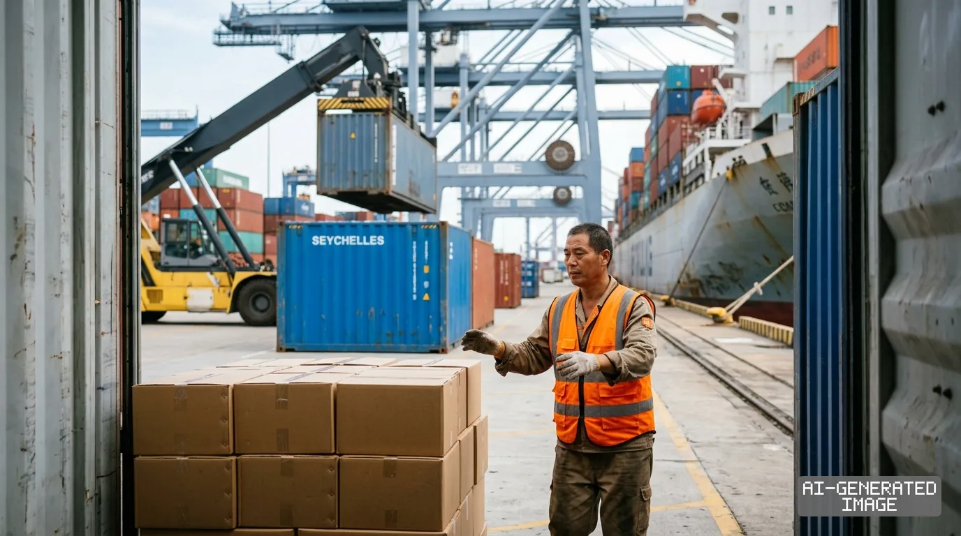 A port worker stands by cargo boxes near a shipping container labeled Seychelles as China eliminates tariffs on imports from the island nation. (AI-generated image)