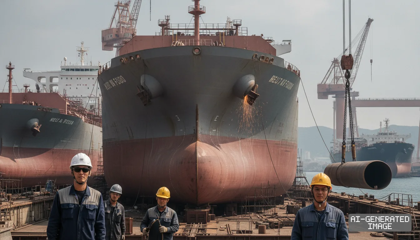 Shipyard workers stand in a dry dock before a massive vessel under construction at a South Korean shipyard. (AI-generated image)