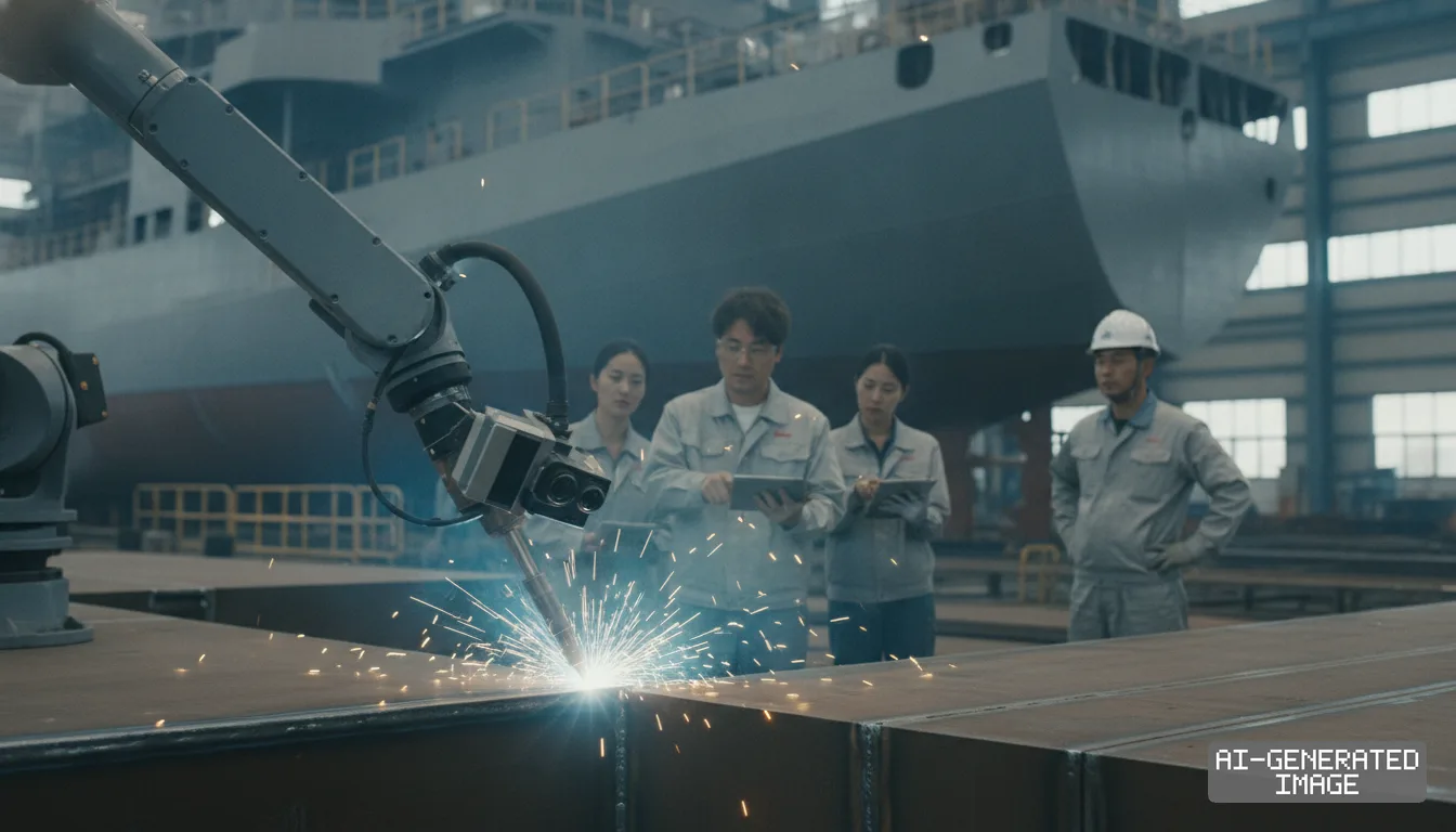 Shipyard workers monitor a robotic arm welding steel blocks in front of a large vessel under construction. (AI-generated image)