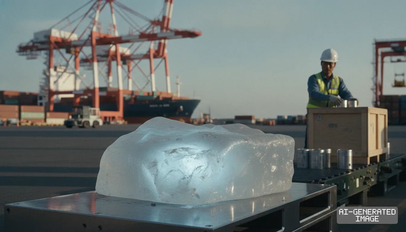 A large translucent mineral block rests on a pallet at a shipping port with harbor cranes and a worker in the background. (AI-generated image)