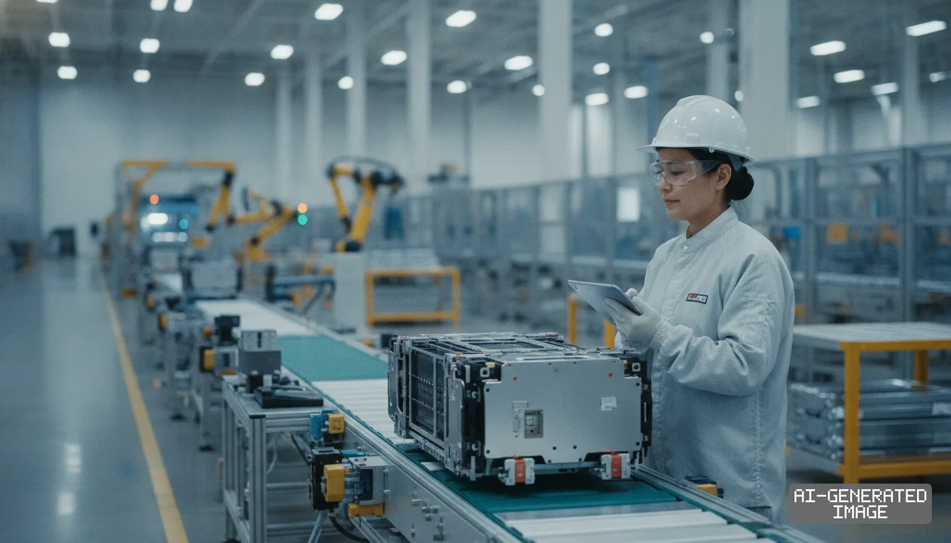 A worker uses a tablet next to a battery pack on an automated conveyor line inside an electric vehicle battery factory. (AI-generated image)