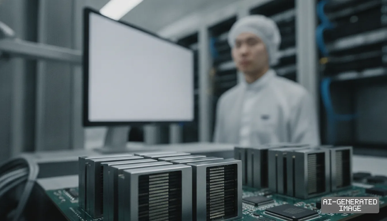 A circuit board with memory components rests on a table near a monitor and a technician in a cleanroom. (AI-generated image)