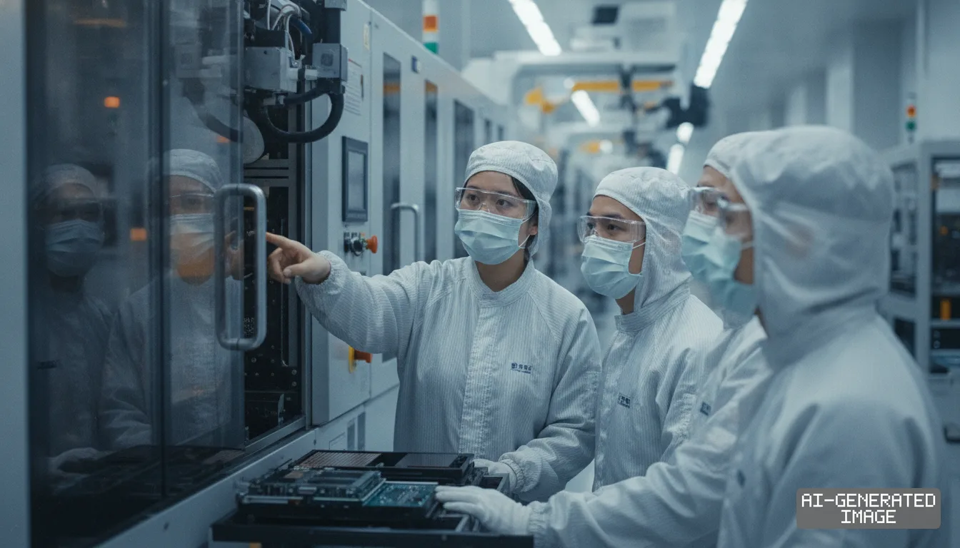 Workers in protective cleanroom suits inspect equipment and circuit boards inside an advanced semiconductor manufacturing facility. (AI-generated image)