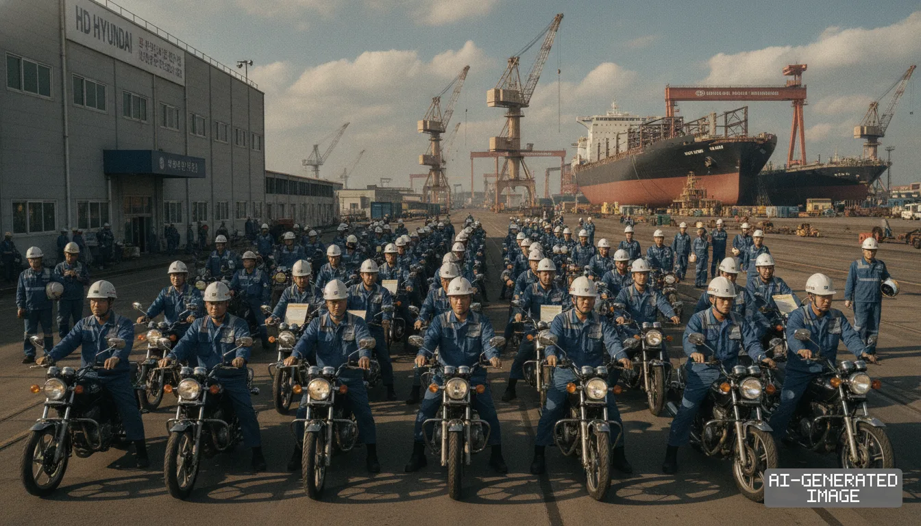 Shipyard workers in blue coveralls and hard hats sit on motorcycles during a rally at an HD Hyundai shipyard. (AI-generated image)