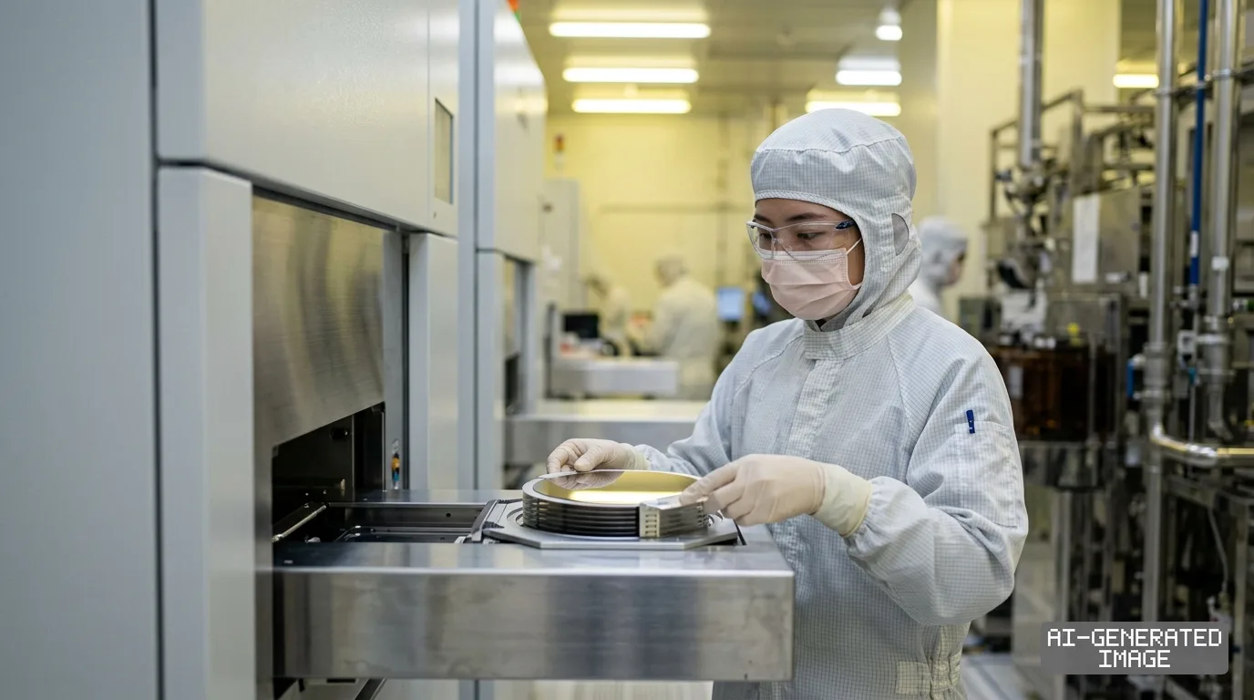 A technician in protective cleanroom gear handles silicon wafers at a semiconductor manufacturing facility. (AI-generated image)