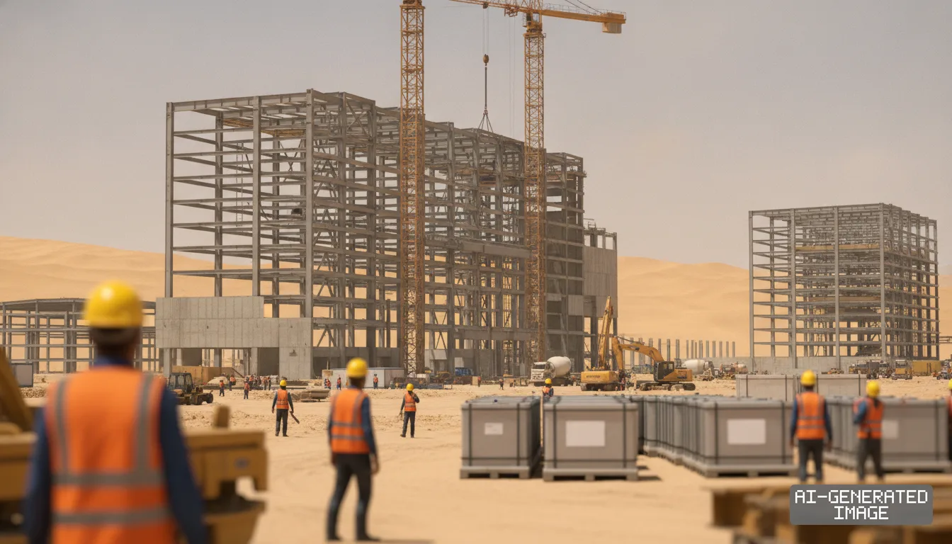 Workers in hard hats view the rising steel framework of a new manufacturing facility at a desert construction site. (AI-generated image)