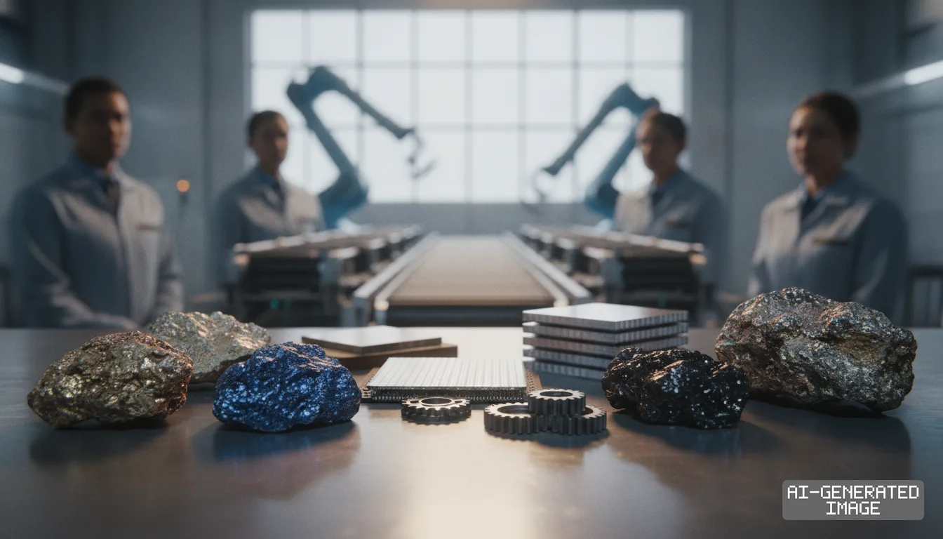 Raw mineral ores, microchips, and gears sit on a table before robotic assembly lines and factory technicians. (AI-generated image)