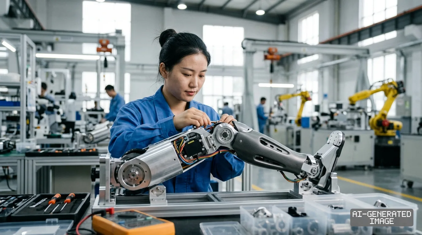 A worker adjusts the wiring on a humanoid robot leg inside a manufacturing facility featuring industrial robot arms. (AI-generated image)