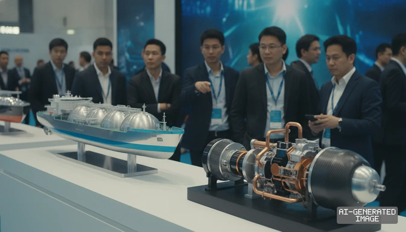 Attendees examine scale models of an LNG carrier and a marine propulsion system on display at an energy exhibition. (AI-generated image)