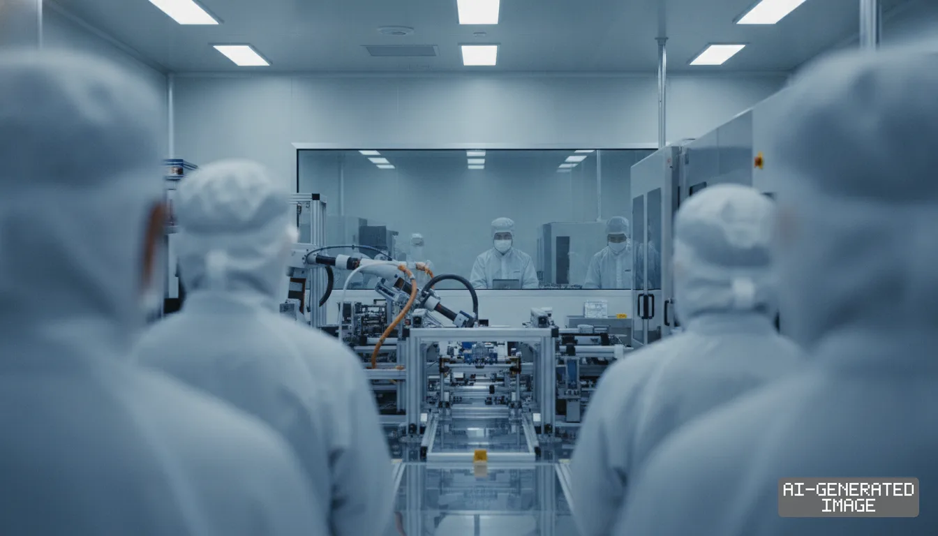 Workers in protective cleanroom suits monitor automated equipment on a production line inside a semiconductor manufacturing facility. (AI-generated image)
