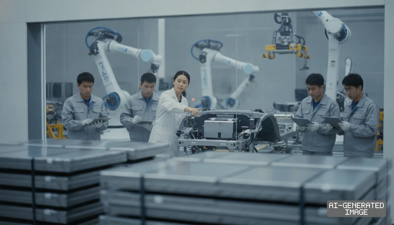 Engineers and technicians inspect a vehicle battery assembly alongside industrial robotic arms in an automated manufacturing facility. (AI-generated image)