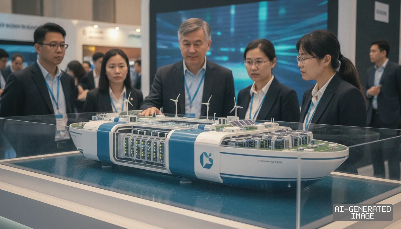 Visitors observe a scale model of a floating data center vessel showcased inside a glass display case at an exhibition. (AI-generated image)