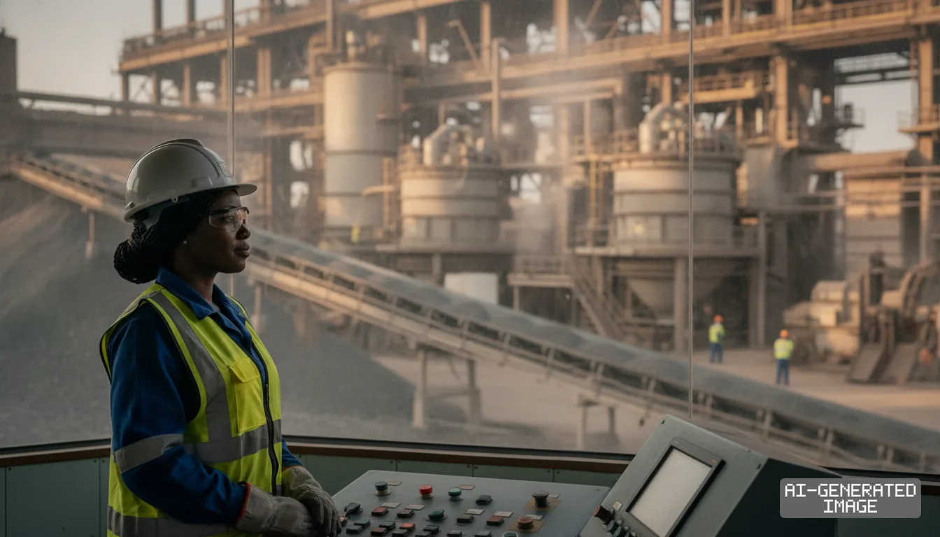 A worker in protective gear stands at a control panel overlooking an industrial mineral processing facility. (AI-generated image)