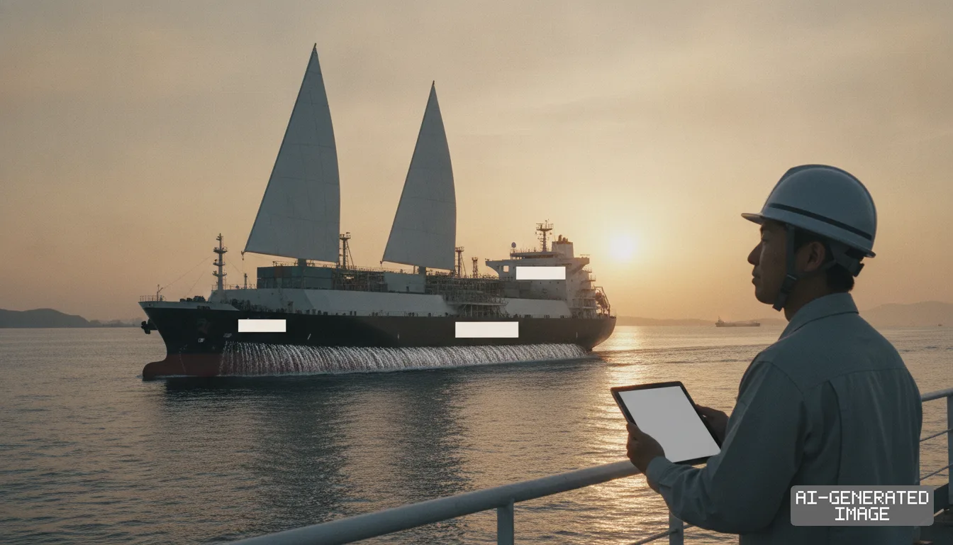 A worker holds a tablet as the LNG carrier Fujin Sailor sails with twin rigid sails and an active hull air lubrication system. (AI-generated image)